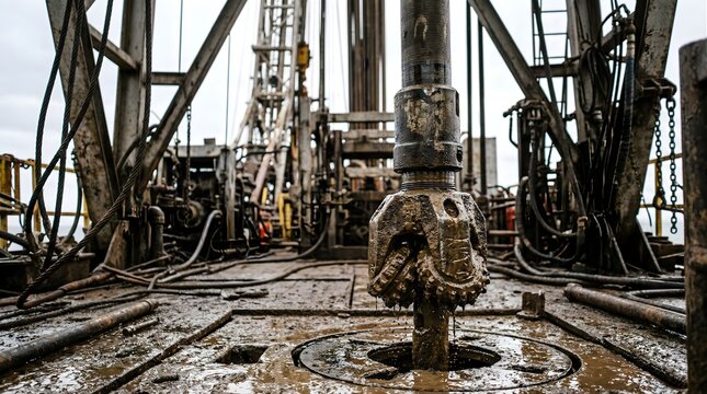 Oil drilling rig interior, close-up shot of drill bit and machinery covered in mud, industrial equipment for crude oil and gas extraction, intricate network of pipes and cables.