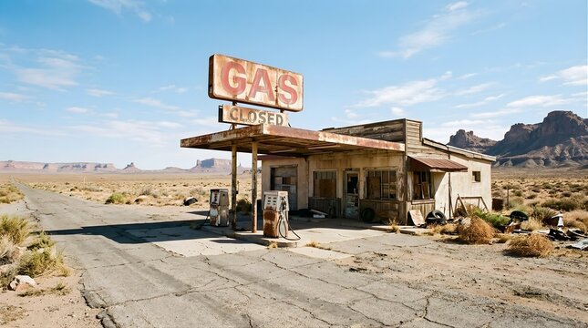 Abandoned gas station in desert landscape, closed sign on rusty building with old pumps, remote highway setting, vintage roadside Americana, symbol of economic decline and isolation.