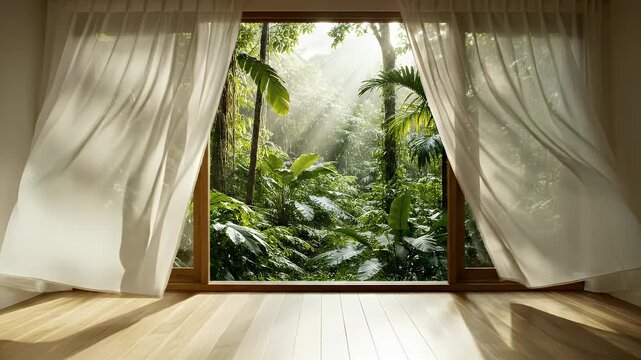 Interior View Through Open Window With White Curtains Revealing Lush Tropical Forest Sunbeams Sunlight Shining Through Greenery Tranquil Nature Scene
