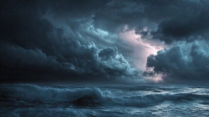 Fototapeta premium A dramatic stormy ocean scene with dark clouds and lightning in the sky