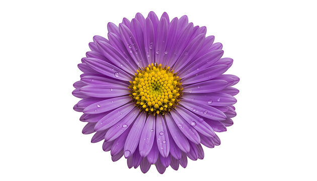Macro Purple Aster Flower with Water Droplets on White Background, Ultra Detailed Botanical Close-Up.