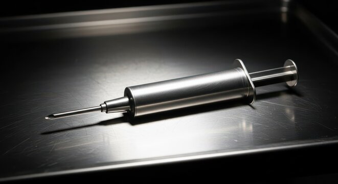 Stainless steel medical syringe tool on a reflective surface