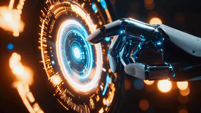 Advanced Futuristic robot hand interacting with digital interface for Digital Transformation and Cyber Infrastructure