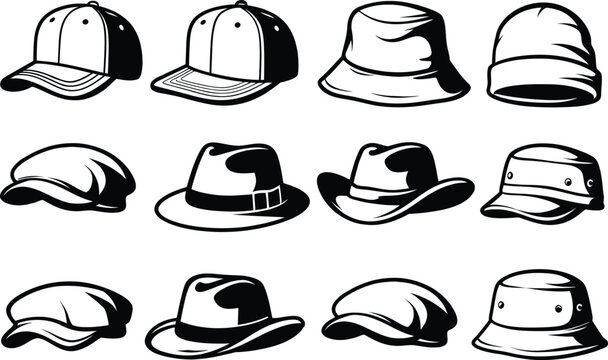 Collection of hand-drawn cowboy hats in various styles and designs
Hand drawn black and white collection of various hats including beanie, bowler, baseball cap, bucket hat, visor, beret, and bow tie