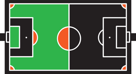 Minimalist soccer field top view vector, flat football pitch diagram with green and black halves, sports tactical board layout with orange accents ©  Mix Stock Ai catego