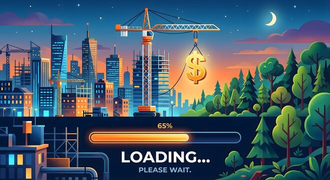 Vibrant night cityscape and forest landscape with construction crane lifting golden dollar sign above loading bar showing sixty five percent progress symbolizing financial growth and urban expansion.