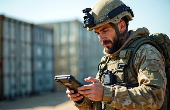 Soldier in camouflage uniform uses tablet computer. Military man with helmet and backpack operates device outdoors near cargo containers. Modern army communication technology in field.