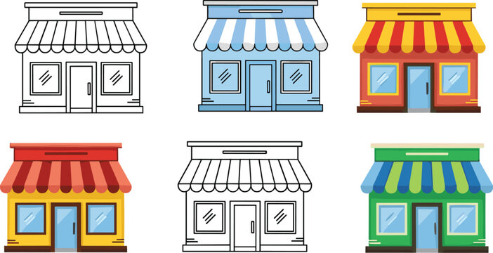 Colorful storefront buildings vector set with retail shops awnings windows doors business facade cartoon illustration collection