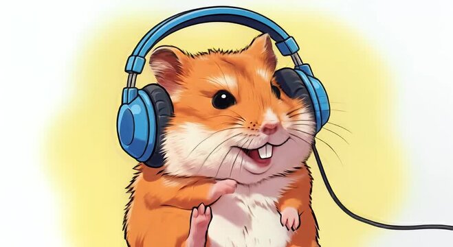 cute hamster wearing blue headphones listening to music in bright yellow background