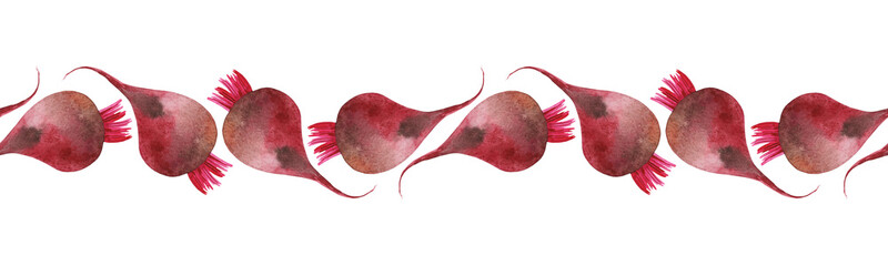 Watercolor beets seamless border on white background. Hand drawn food illustration. Can be used for menu, greeting cards, banners, templates. © Lena
