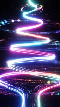 A glowing abstract light formation shaped like a conical tree against a dark background with colorful bokeh particles