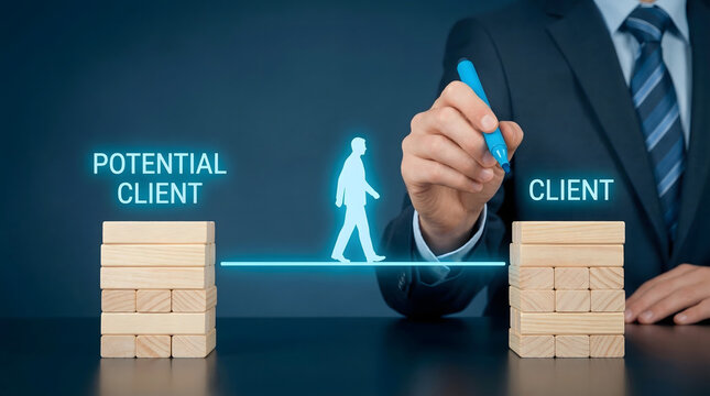 Professional hand drawing glowing path to convert potential client into a loyal customer against a d