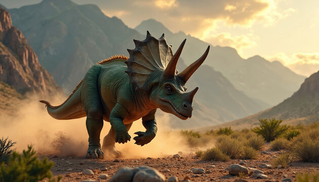 Green triceratops dinosaur runs fast through dusty prehistoric mountain landscape. Ancient herbivore creature with horns and frill moves across arid terrain. Sunlight illuminates the wild scene.