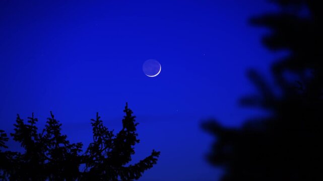 Blue hour time with crescent Moon, stars and planets above landscape silhouettes.