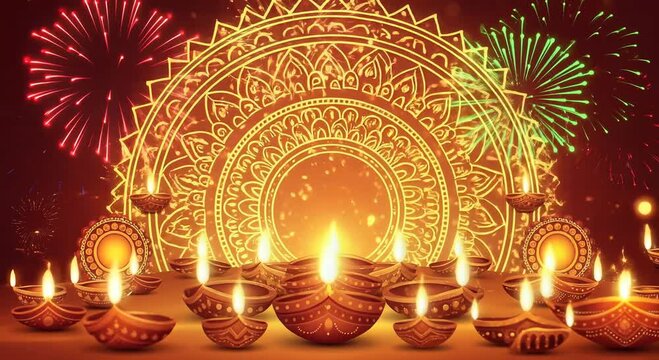 diya lamps glow around a radiant mandala backdrop during diwali celebration