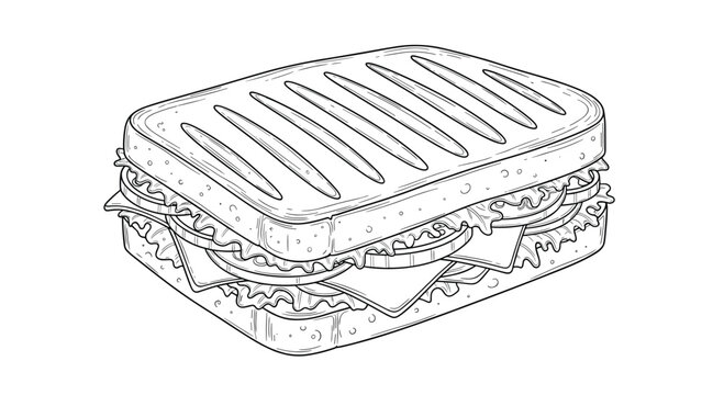 Detailed line art illustration shows a delicious grilled panini sandwich filled with layers of cheese, lettuce, and sliced tomatoes.