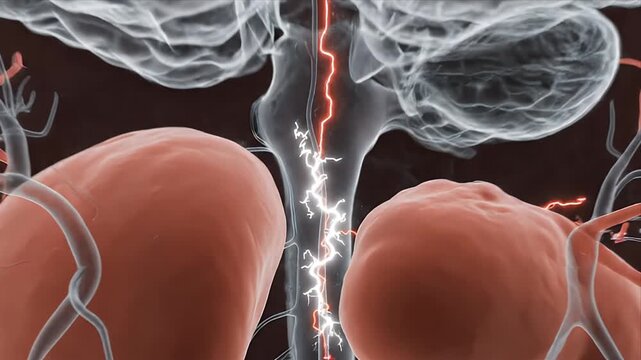 Microscopic bacterium with flagella moves past a hair strand in a dark, abstract background scientific visualization educational medical concept