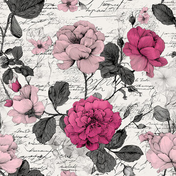 stunning scrapbooking texture, pink floral and black handwriting on white background, pencil drawing