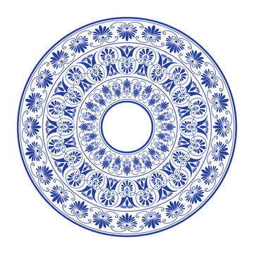 Round frame porcelain plate with blue floral ornament. Elegant circular vector classic Mediterranean pattern. Ancient Greek and Roman ceramic. Palmette, floral motif. Egyptian, Assyrian, Greek motif 