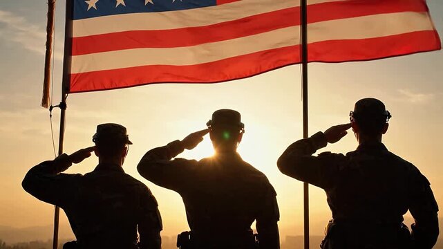Serene Soldiers saluting American flag at sunset for Environmental Sustainability and Mindfulness