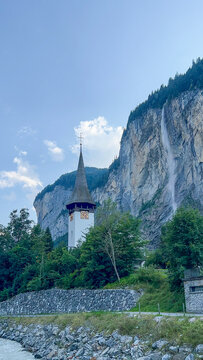 Picturesque Lauterbrunnen Church and Waterfall