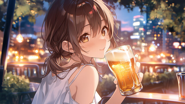 Relaxing evening in the city with a glass of beer, warm night lifestyle scene、夕暮れの都市でビールを楽しむリラックスした時間、ナイトシーンの雰囲気素材