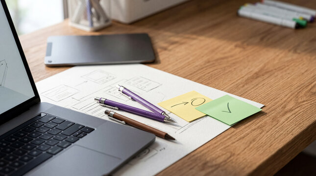 Creative user interface and user experience design workspace with a laptop, UI sketches, pens.
