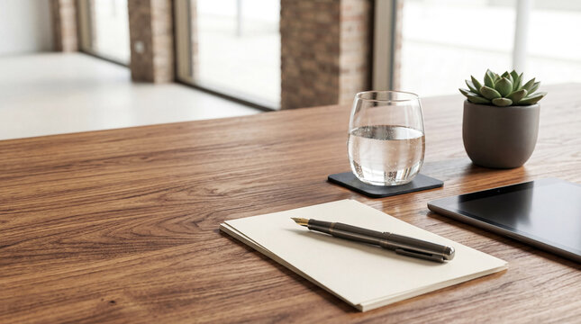 Professional wooden desk setup photograph with a glass of water, a succulent plant, a notepad, and a modern tablet.