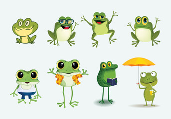 Fototapeta premium Set of cute frog cartoon character hand drawn vector illustration. Isolated on white background.