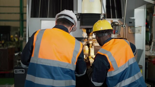 Engineers at Work: Two engineers are working diligently to inspect, assemble, and repair advanced industrial machinery in an automotive parts manufacturing factory