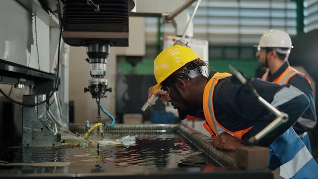 Engineering Precision: Skilled engineers collaborate, meticulously working on industrial machinery, a testament to technological prowess in an automotive parts manufacturing factory