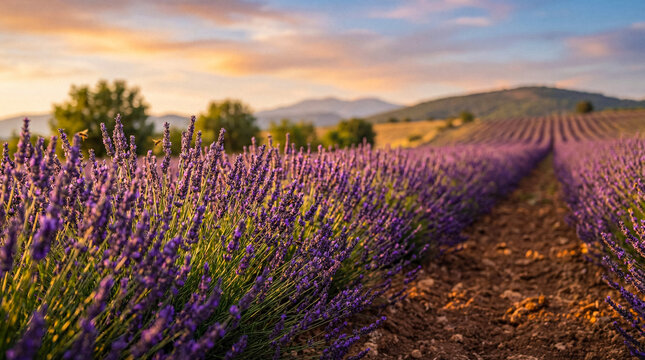 Close-up view of vibrant purple lavender rows stretching across a sun-kissed field during a beautiful golden hour.