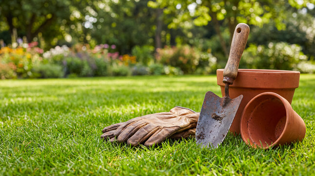 Gardening tools including a trowel, gloves, and terracotta pots rest on vibrant green grass in a sunny blurred garden.