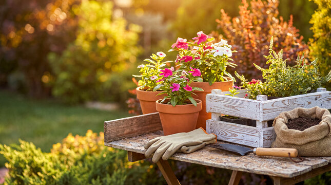 Potted pink and white flowers, gardening tools, and gloves on a rustic table in a sunny garden at golden hour.