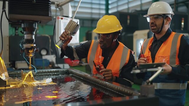 Team of Technicians at Work: Two skilled technicians diligently inspect and analyze a sophisticated industrial machine in an automotive parts manufacturing factory