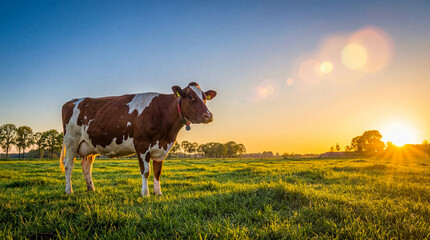 Brown and white dairy cow standing peacefully in a vibrant green pasture during a golden sunset, lens flare. © Rowdie