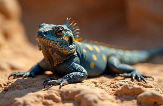 Ornate mastigure lizard rests on sandy ground. Blue reptile has yellow spots and spiky crest. Animal looks alert with large eye. Desert lizard scales are detailed.