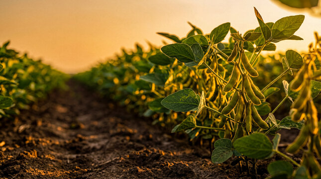 Rows of thriving green soybean plants in a fertile agricultural field at sunrise, illuminated by warm golden light.