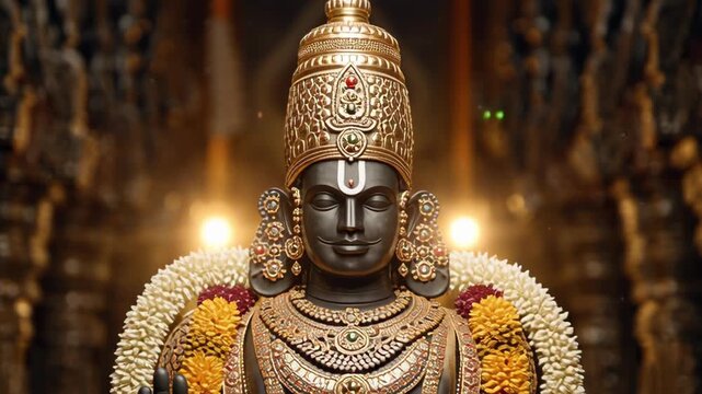 Black Stone Idol of Lord Venkateshwara Adorned with Gold Jewelry and Floral Garlands in Temple Setting