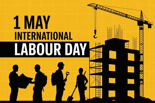 International labour day with construction site and workers silhouette workers rights hard work yellow background construction building silhouette celebration industry workforce employment