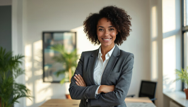 Smiling woman in grey business suit stands arms crossed in modern office. Pro woman with curly hair, natural light fills workspace. Confident female leader poses near window.