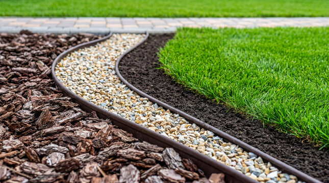 Curved garden border separating lush green grass, decorative pebbles, and wood bark mulch.