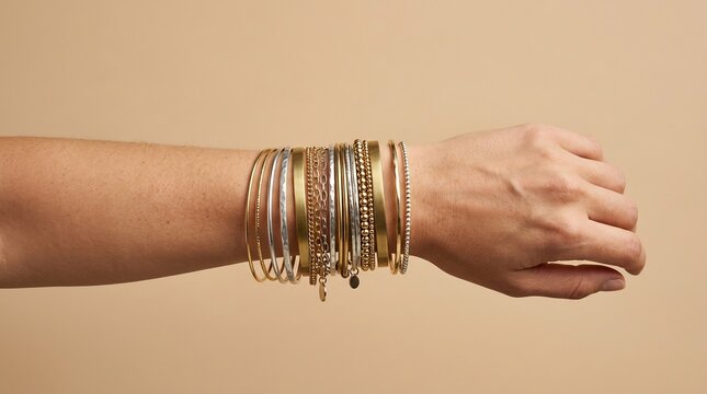 Elegant forearm adorned with a diverse collection of golden and silver bangles against a neutral backdrop.