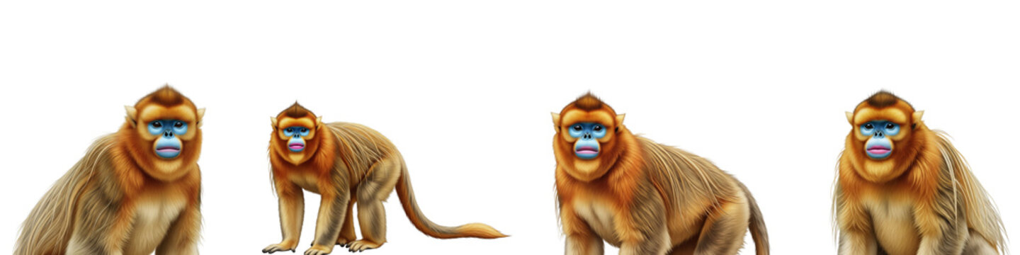 Set of four golden snub-nosed monkeys isolated on black background