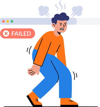 A frustrated man experiences technical issues while walking on a computer screen.