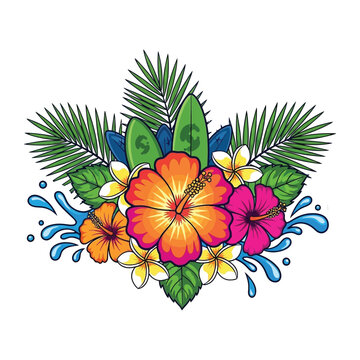 Vibrant tropical floral arrangement with surfboards and palm fronds, evoking a summery beach paradise