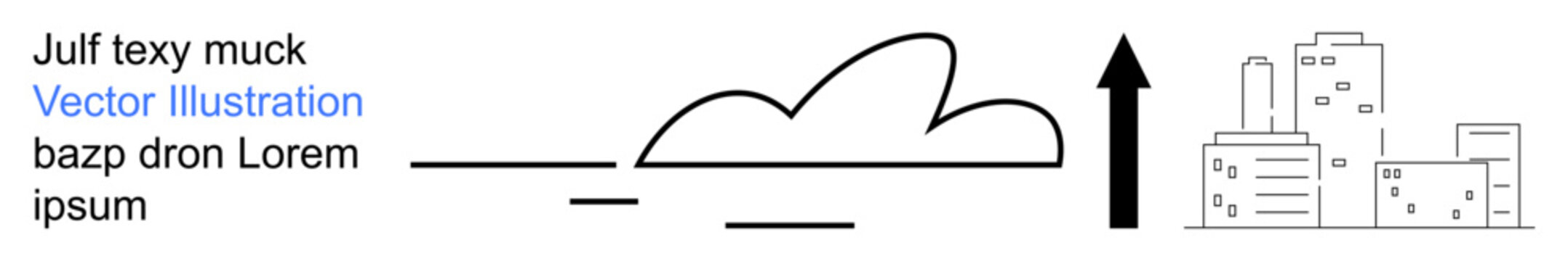 Urban development, innovation, progress, sustainability, business growth, economic expansion. Minimalistic design with a cloud, upward arrow and outlined city buildings. Urban development