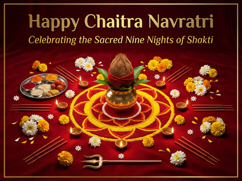 Happy chaitra navratri celebration with traditional hindu puja setup, kalash, rangoli, diyas, flowers, and offerings