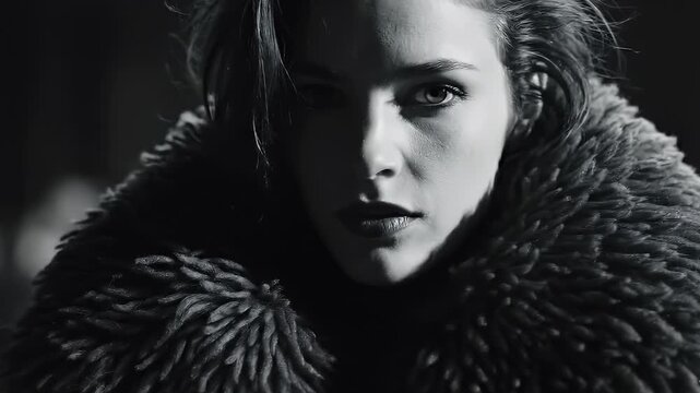 Dramatic Black And White Portrait Of Woman In Luxurious Fur Coat With Moody Lighting