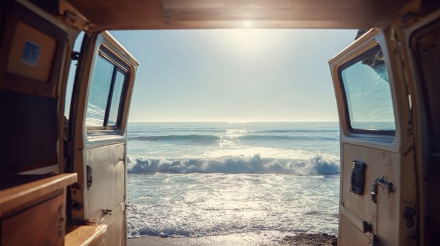 Camper van with open doors facing ocean, van in sharp focus, waves and horizon softly blurred, bright sunlight, concept of freedom lifestyle